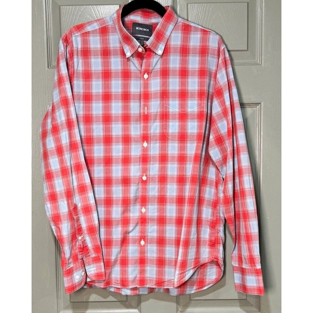 Bonobos Slim Fit L Plaid Long Sleeve Button-Down Shirt Cotton Red Light Blue